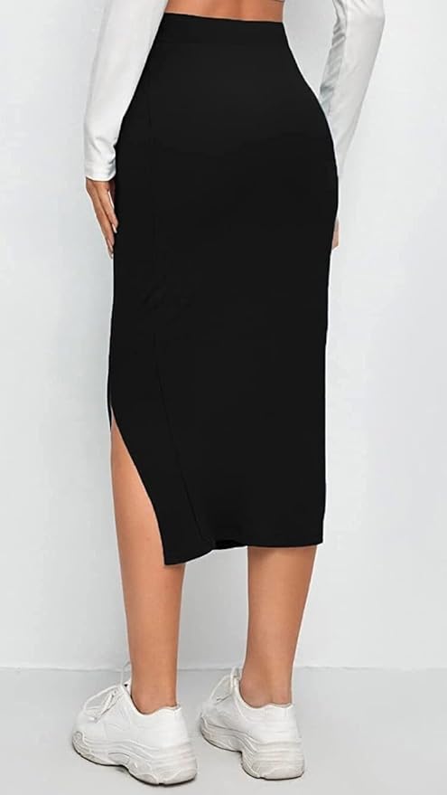 ALYNE Women's Elastic Waist Pencil Bodycon Midi Skirt - High Waisted with Side Slit Below Knee Length Elegance for Women